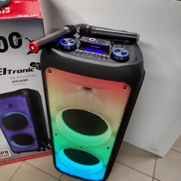 Беспроводная портативная bluetooth колонка Eltronic FIRE BOX 1500 Watts BASS BOOSTER арт. 20-56 с двумя беспроводными микрофонами, LED-подсветкой и RGB светомузыкой, пультом дистанционного управления